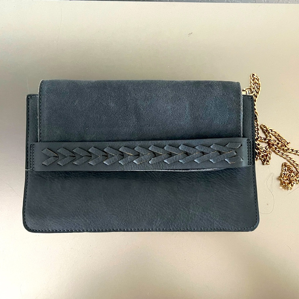 Moda Luxe Gray Suede Crossbody/Clutch with Gold Chain
